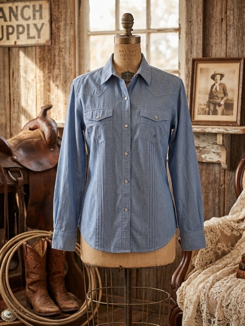 Roper Women’s Western Denim Shirt • Pearl Snap • Pintuck Detail • Size L